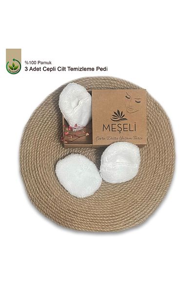 MEŞELİ TEKSTİL 3 Pack White Makeup Remover Pads with Pocket - Reusable - 100% Cotton - Washable
