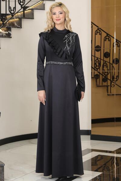 SUBU TASARIM Ada Saten Stone Evening Dress Black Tbselb72