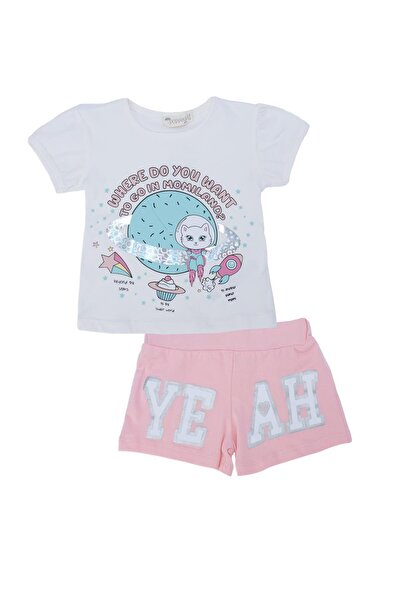 Bebelop Kız Çocuk Kedi Baskılı Yazılı Kısa Kol Şortlu 2'Li Alt Üst Takım