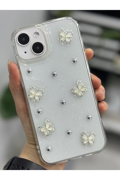 Go Aksesuar حافظة سيليكون بتصميم فراشة لؤلؤية متوافقة مع هاتف Iphone 14 Plus - 15 Plus مع لعبة