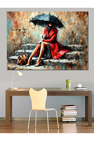 KanvasSepeti Femeie sub ploaie Pictură decorativă în ulei Texturată Pânză de ...