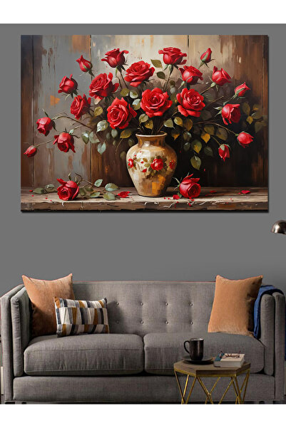 KanvasSepeti Trandafiri roșii în vază Pictură decorativă în ulei Texturată Pânză de înaltă calitate Pictură pe pânză 90 x 60 cm
