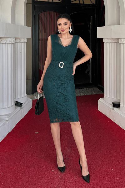 giyimmasalı Lace Fabric Tulle Detailed Pencil Dress - Emerald Green