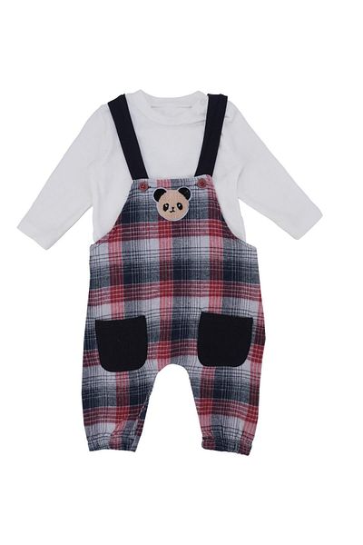 Bebelop Baby Boy Bear Embroidered Plaid Overalls T-Shirt Salopet 2-Piece Set