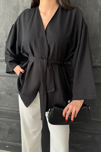 oshebu Černé – dámské kimono s páskem