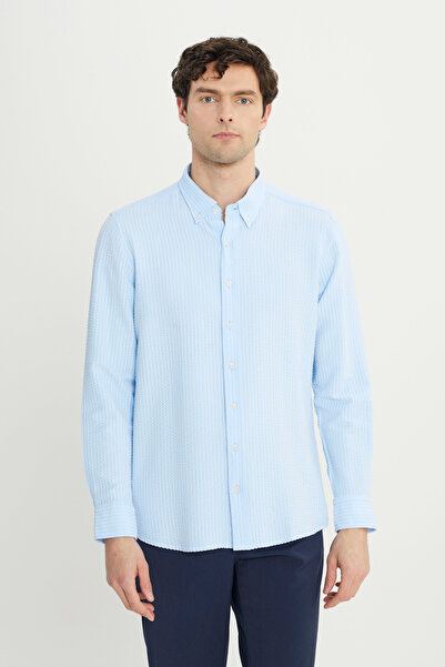 ALTINYILDIZ CLASSICS Erkek Mavi Slim Fit Dar Kesim Düğmeli Yaka Armürlü Gofre Desenli Gömlek