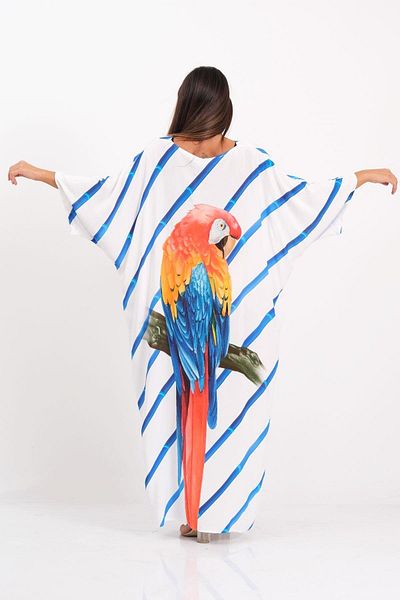 Keyifli Moda Women's Blue Striped V-Neck Back Parrot Patterned Bat Sleeve Oversize Long Dress