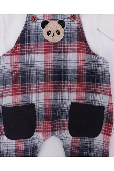 Bebelop Baby Boy Bear Embroidered Plaid Overalls T-Shirt Salopet 2-Piece Set