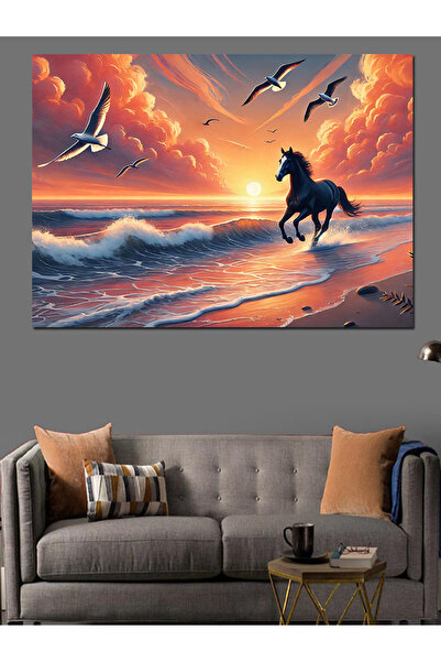 ekart Gün Batımında Atlı Dekoratif Kanvas - Mdf Ahşap Tablo
