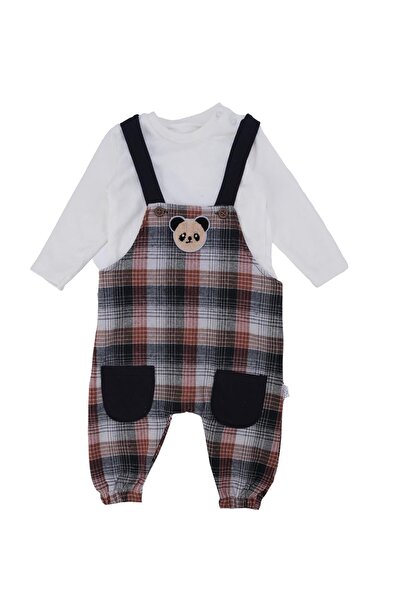 Bebelop Erkek Bebek Ayı Nakışlı Ekoseli Tulum T-Shirt Salopet 2'li Takım