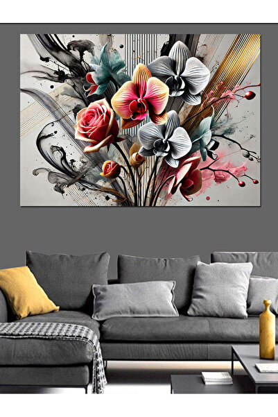 KanvasSepeti Flori alb-negru Pictură decorativă în ulei Pânză texturată de în...