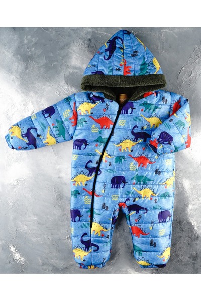 DUBLİNO KİDS New Cute Dinosaurs Figured Zippered Hooded Welsoft Cosmonaut Jumpsuit