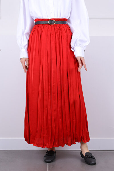 İmajButik Red Elastic Waist Satin Ruched Skirt