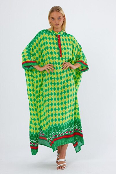 Keyifli Moda Women's Green Full Collar Diamond Pattern Oversize Long Dress