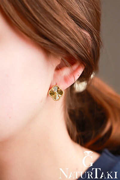 Naturtakı Yonca Taşlı Altın Kaplama 925 Ayar Gümüş Küpe Yoncalı Tasarım-Vidal...