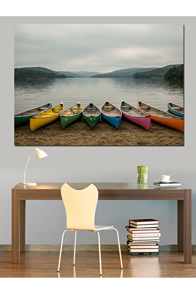 KanvasSepeti Pictură în ulei decorativă cu canoe pe malul lacului, texturată, de înaltă calitate, pe pânză, 40 x 30 cm