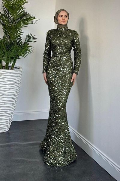 MERVEN AKYÜZ Lalin Sequined Fish Evening Dress Khaki