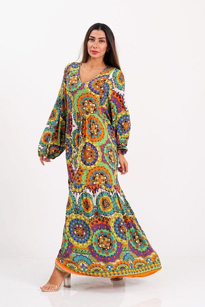 Keyifli Moda Women's Green V-Neck Balloon Sleeve Ethnic Patterned Long Dress