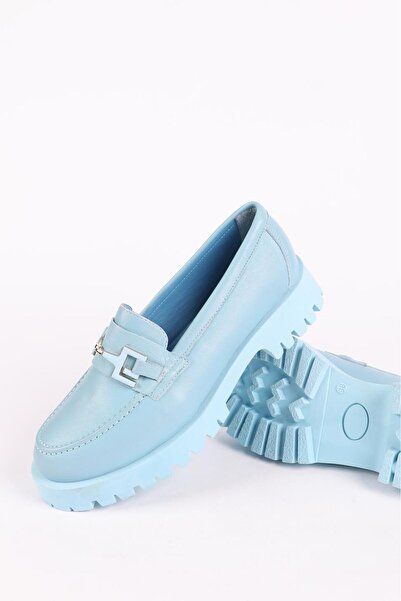 Hayati Arman Women's Genuine Leather Buckle Detailed Loafer Shoes Light Blue