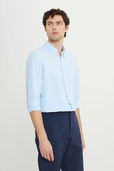 ALTINYILDIZ CLASSICS Cămașă albastră pentru bărbați, slim fit, cu guler cu nasturi, cu model Dobby Seersucker