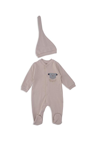 Bebelop Unisex Bebek Hayvan Nakışlı Raporlu Çıtçıtlı Şapkalı Patikli Tulum