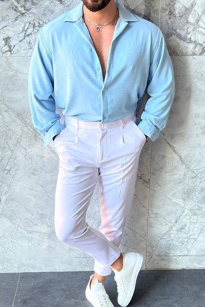pepule Men's Baby Blue Loose Cut Textured Oversize Casual Ayrobin Shirt