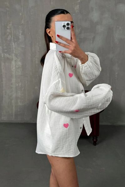 moda armanc Cămașă de damă din țesătură muselină brodată inimă