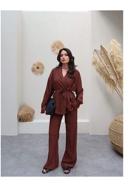 ESRAHELVACI Shawl Collar Tie-Up Shirt Pants Set