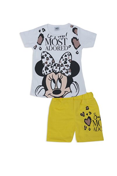 Bebelop Kız Çocuk Mickey Mouse Kalp Baskılı 2'li Alt Üst Şort Takım