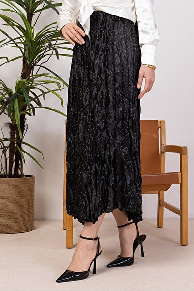 Bestenur Elastic Waist Skirt with Stones 1401 - Black