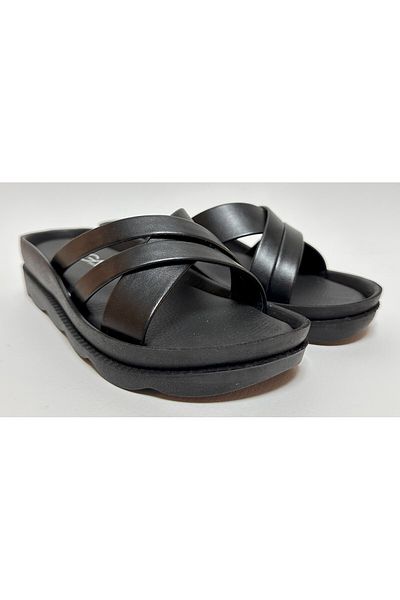 Voga Black Leather Look Thin Cross Strap Comfortable and Lightweight Women's Daily Home Guest and Street Slippers