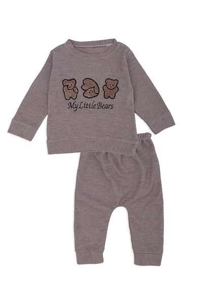 Bebelop Boy's Waffle Fabric Bear Embroidered 2-Piece Top and Bottom Tracksuit Set
