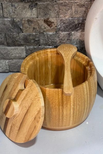 Tilbe Home Sugar Bowl & Spice Bowl with Bamboo Spoon Natural Multi-Purpose Bamboo Lid Presentation Bowl
