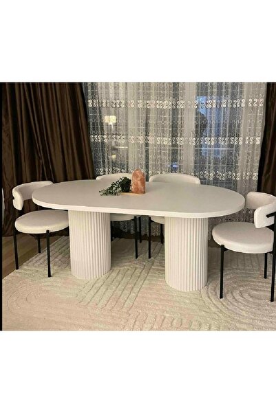 OlcayAksesuar Ada 180x90x75cm (36MM KALIN KENARLI) Oval Beyaz Sütunlu Yemek Masası (SANDALYE YOK SADECE MASADIR)
