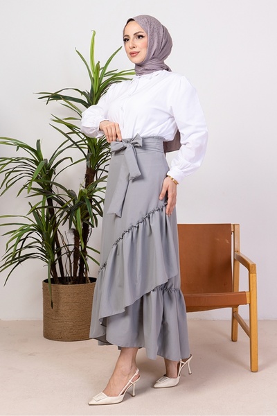 Bestenur Ruffle Detailed Belted Skirt 1403 - Gray