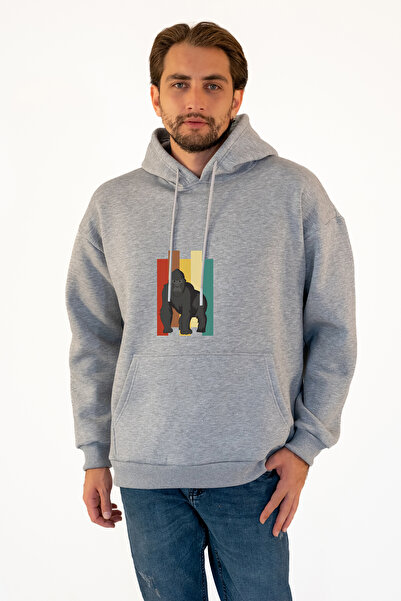 TEVOOY سويت شيرت من القماش الوردي بطبعة غوريلا مقاس كبير مكون من 3 خيوط وجيب ...