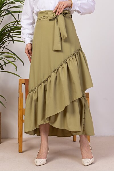 Bestenur Ruffle Detailed Belted Skirt 1403 - Khaki