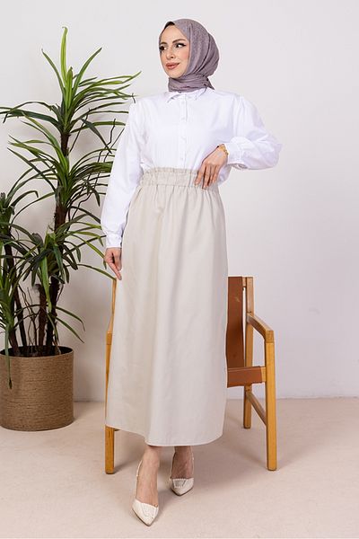 Bestenur Κρεμ χρώματος Benja Beli Elastic Gabardine Φούστα 1405