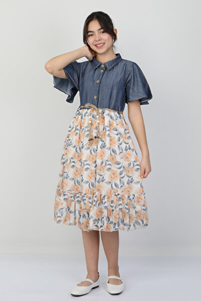 e-çocuk Flower Printed Girl's Denim Dress 26105