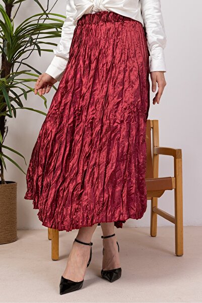 Bestenur Elastic Waist Skirt with Stones 1401 - Claret Red