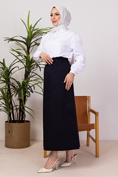 Bestenur Benja Elastic Waist Gabardine Skirt 1405 - Navy Blue