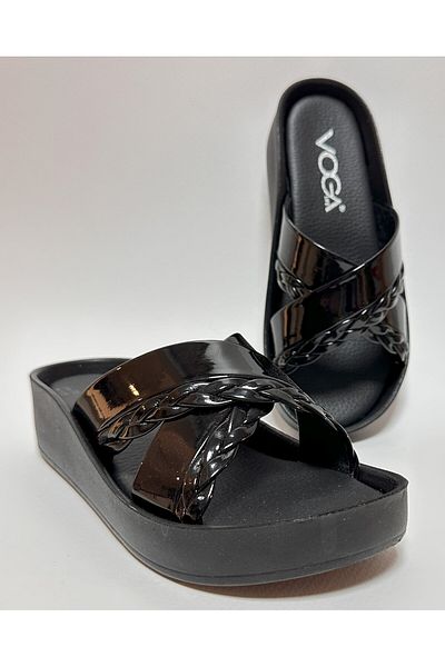Voga Paint Leather Knitted Detail Black Cross Bands Comfortable and Light Women's Daily Home Guest and Street Slippers