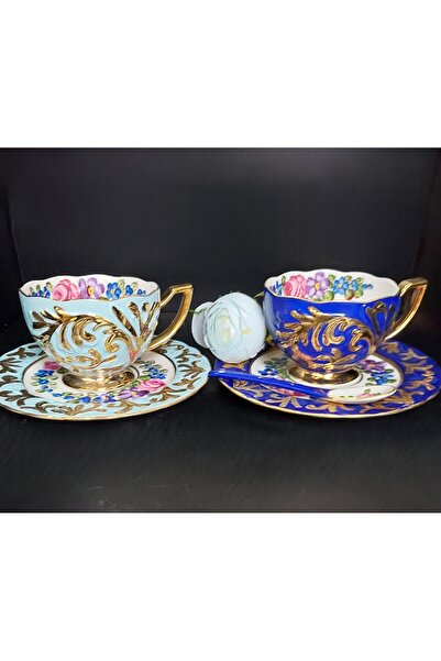 BY.RAYKA PORSELEN El Dekor İKİ KİŞİLİK ÇAY FİNCAN TAKIMI BÜYÜK BOY