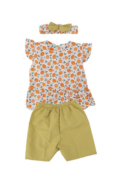 Bebelop Kız Çocuk Meyve Desenli Bandanalı Şortlu Trikoton Elbise Takım