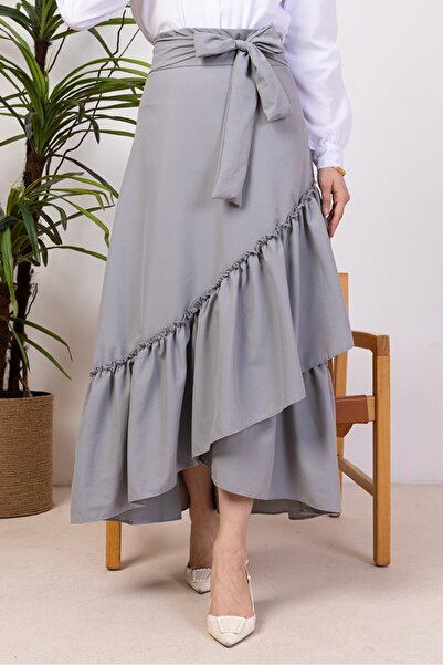 Bestenur Ruffle Detailed Belted Skirt 1403 - Gray