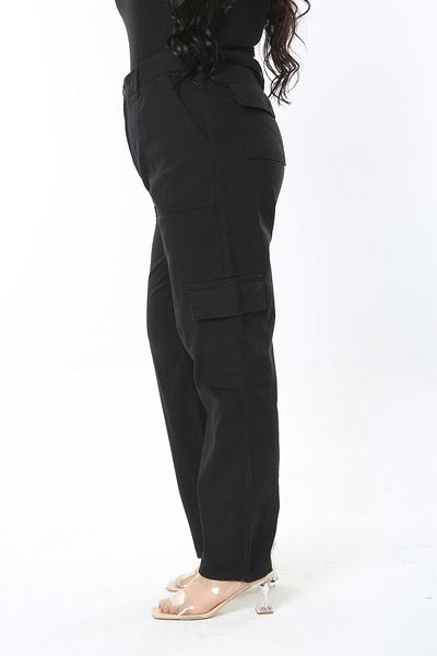 Şans Women's Large Size Black Washed Gabardine Fabric High Waist Cargo Pocket Pants 65N38903