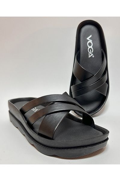 Voga Black Leather Look Thin Cross Strap Comfortable and Lightweight Women's Daily Home Guest and Street Slippers