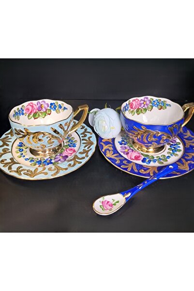 BY.RAYKA PORSELEN El Dekor İKİ KİŞİLİK ÇAY FİNCAN TAKIMI BÜYÜK BOY