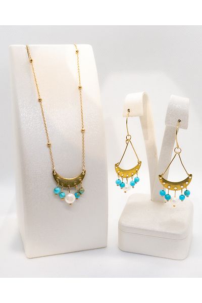 Luna Pearl and Turquoise (Turquoise) Natural Stone Earrings and Necklace