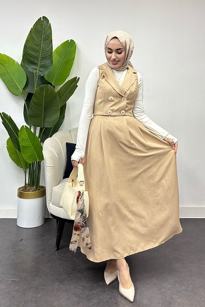 Tesettür Diyarı Beige Women's Four Knotted Vest Suit